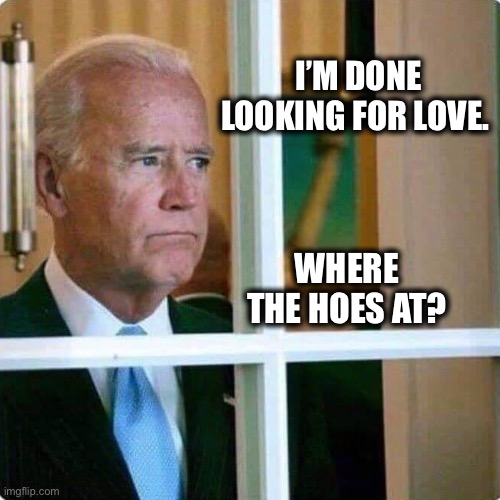 Where they at? | I’M DONE LOOKING FOR LOVE. WHERE THE HOES AT? | image tagged in joe biden,hoes,looking,memes,funny,funny memes | made w/ Imgflip meme maker