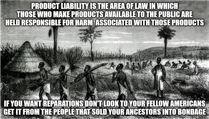 Those people are still selling slaves to this day | PRODUCT LIABILITY IS THE AREA OF LAW IN WHICH THOSE WHO MAKE PRODUCTS AVAILABLE TO THE PUBLIC ARE HELD RESPONSIBLE FOR HARM  ASSOCIATED WITH THOSE PRODUCTS; IF YOU WANT REPARATIONS DON'T LOOK TO YOUR FELLOW AMERICANS
GET IT FROM THE PEOPLE THAT SOLD YOUR ANCESTORS INTO BONDAGE | image tagged in reparations | made w/ Imgflip meme maker
