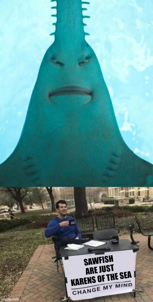 Sawfish | SAWFISH ARE JUST KARENS OF THE SEA | image tagged in memes,change my mind | made w/ Imgflip meme maker