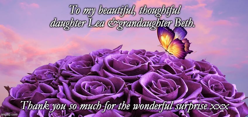 Thank you | To my beautiful, thoughtful daughter Lea &grandaughter Beth. Thank you so much for the wonderful surprise xxx | image tagged in purple | made w/ Imgflip meme maker