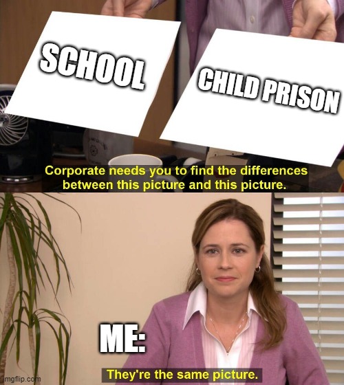 anybody?!?! | SCHOOL; CHILD PRISON; ME: | image tagged in they are the same picture | made w/ Imgflip meme maker