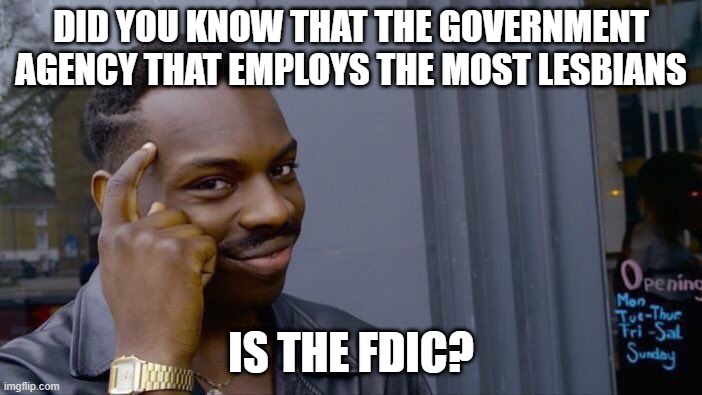 Read It, Unliterally | DID YOU KNOW THAT THE GOVERNMENT AGENCY THAT EMPLOYS THE MOST LESBIANS; IS THE FDIC? | image tagged in memes,roll safe think about it | made w/ Imgflip meme maker