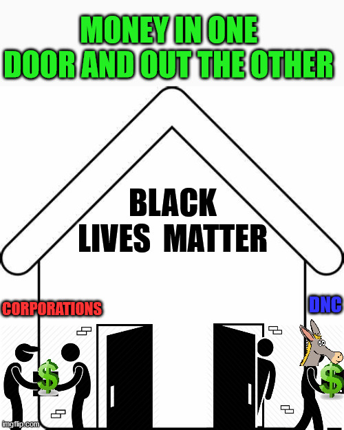 Money laundering to give it to the left. | MONEY IN ONE DOOR AND OUT THE OTHER; BLACK
LIVES  MATTER; CORPORATIONS; DNC | image tagged in money,blm,political meme | made w/ Imgflip meme maker