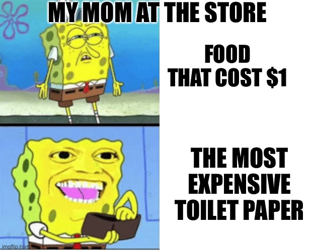 My mom at the store with me | MY MOM AT THE STORE; FOOD THAT COST $1; THE MOST EXPENSIVE TOILET PAPER | image tagged in spongebob | made w/ Imgflip meme maker