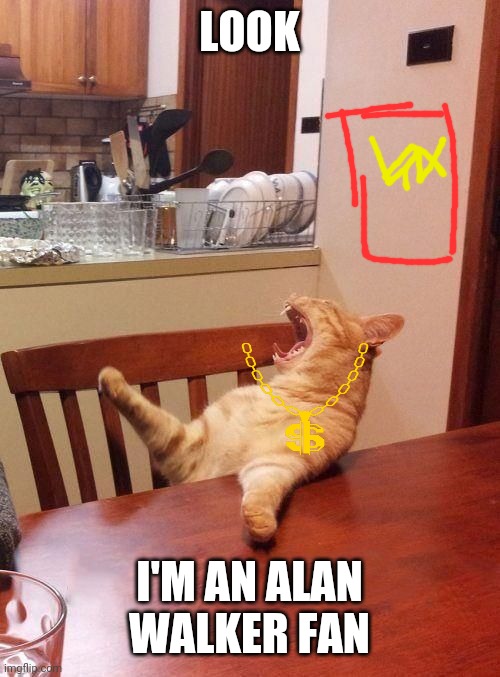 Ma the meatloaf cat | LOOK; I'M AN ALAN WALKER FAN | image tagged in ma the meatloaf cat,cats | made w/ Imgflip meme maker