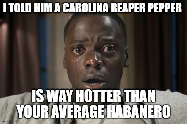 Hot Peppers | I TOLD HIM A CAROLINA REAPER PEPPER; IS WAY HOTTER THAN YOUR AVERAGE HABANERO | image tagged in funny | made w/ Imgflip meme maker