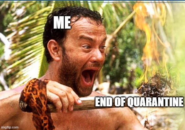 quarantine | ME; END OF QUARANTINE | image tagged in memes,castaway fire | made w/ Imgflip meme maker