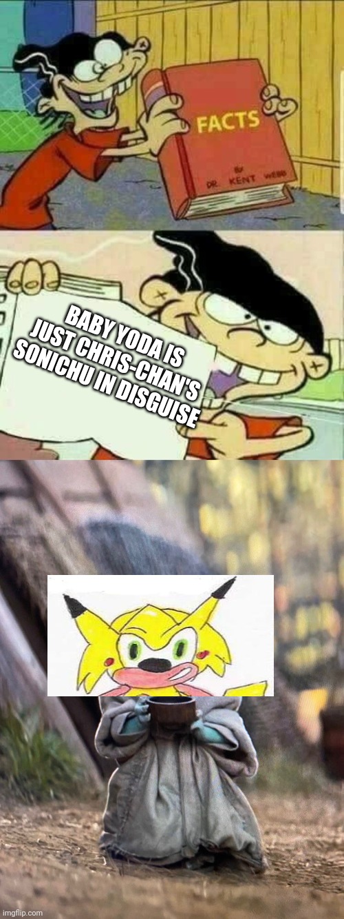 Baby Yoda = Sonichu | BABY YODA IS JUST CHRIS-CHAN'S SONICHU IN DISGUISE | image tagged in double d facts book,baby yoda tea,baby yoda,sonichu,chris chan,facts | made w/ Imgflip meme maker