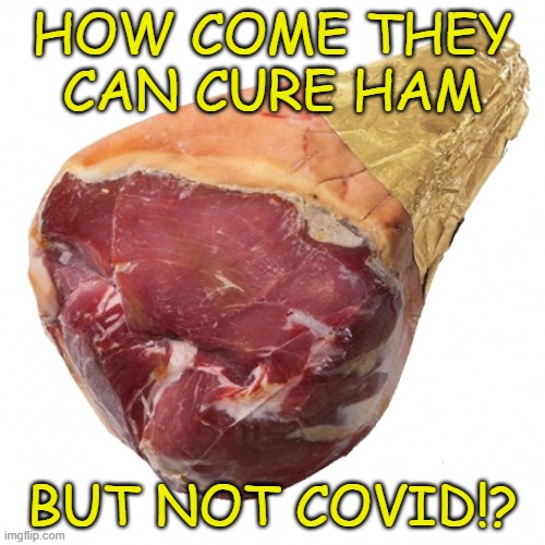 Cure Covid | HOW COME THEY CAN CURE HAM; BUT NOT COVID!? | image tagged in cured ham,covid 19,covid,cure | made w/ Imgflip meme maker