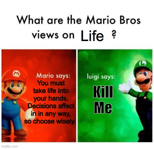 Life in a Nutshell | Life; You must take life into your hands. Decisions affect in in any way, so choose wisely. Kill Me | image tagged in mario says luigi says,life | made w/ Imgflip meme maker