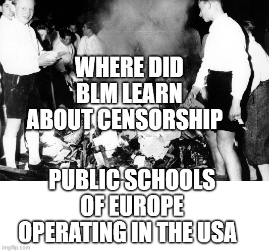 Book Burning | WHERE DID BLM LEARN ABOUT CENSORSHIP; PUBLIC SCHOOLS OF EUROPE OPERATING IN THE USA | image tagged in book burning | made w/ Imgflip meme maker