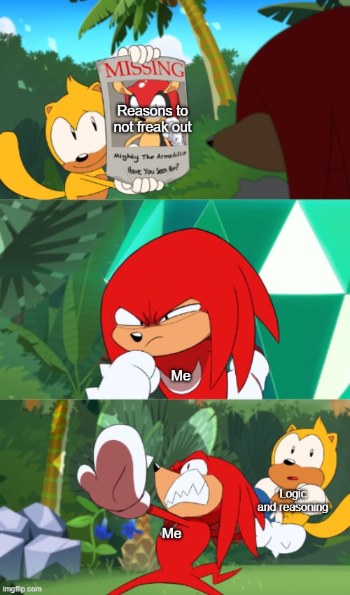 Me these days | Reasons to not freak out; Me; Logic and reasoning; Me | image tagged in knuckles throwing something | made w/ Imgflip meme maker