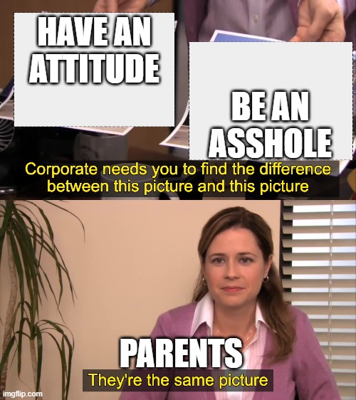 HAVE AN ATTITUDE BE AN ASSHOLE PARENTS | image tagged in there the same picture | made w/ Imgflip meme maker