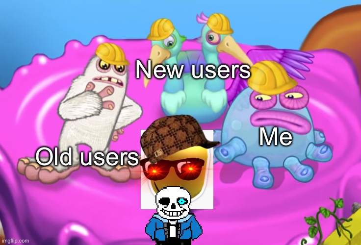 New users stop | New users; Me; Old users | image tagged in mammott and toe jammer disgusted,memes,fun,imgflip,new users | made w/ Imgflip meme maker