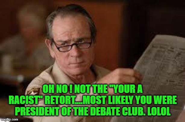 no country for old men tommy lee jones | OH NO ! NOT THE "YOUR A RACIST" RETORT....MOST LIKELY YOU WERE PRESIDENT OF THE DEBATE CLUB. LOLOL | image tagged in no country for old men tommy lee jones | made w/ Imgflip meme maker