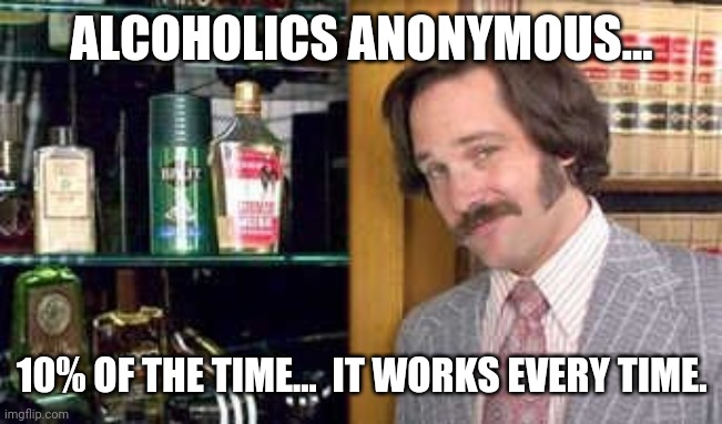 Alcoholics Anonymous | ALCOHOLICS ANONYMOUS... 10% OF THE TIME...  IT WORKS EVERY TIME. | image tagged in funny,funny memes,fun | made w/ Imgflip meme maker