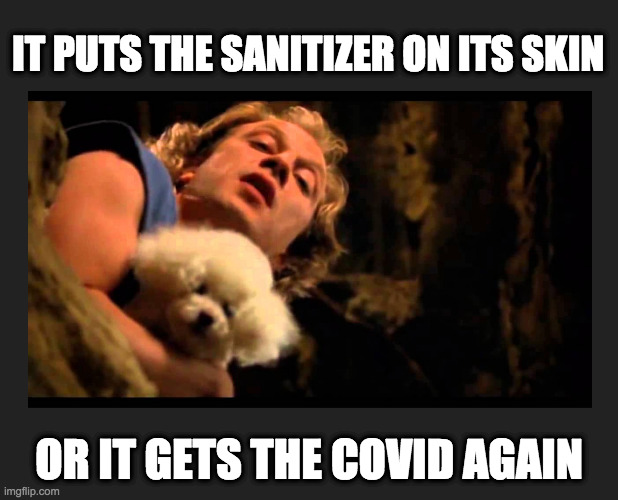 It get the covid again | IT PUTS THE SANITIZER ON ITS SKIN; OR IT GETS THE COVID AGAIN | image tagged in covid-19,buffalo bill,hand sanitizer | made w/ Imgflip meme maker