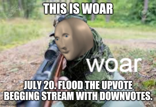 woar | THIS IS WOAR; JULY 20. FLOOD THE UPVOTE BEGGING STREAM WITH DOWNVOTES. | image tagged in woar | made w/ Imgflip meme maker