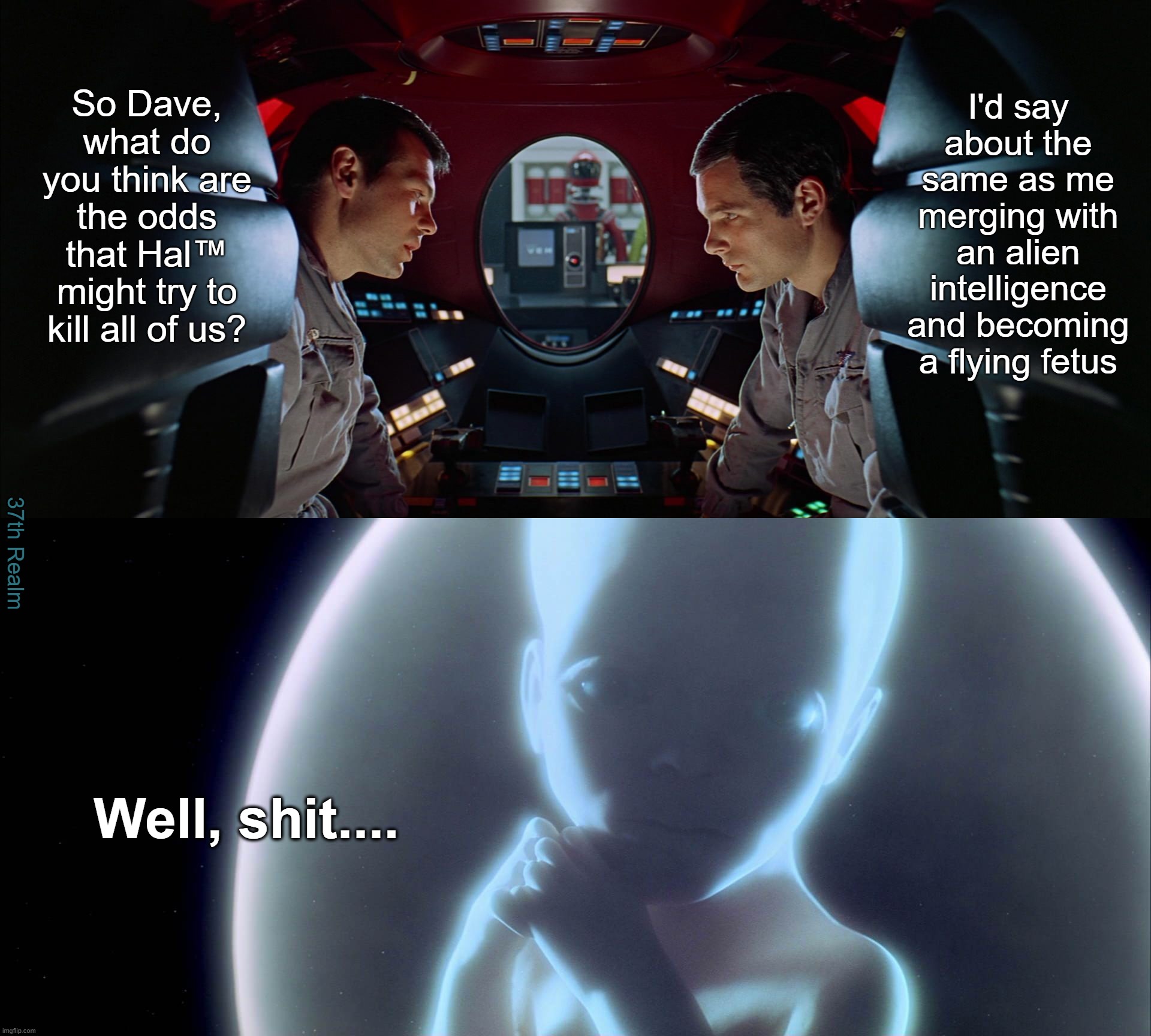 I'd say about the same as me merging with an alien intelligence and becoming a flying fetus; So Dave, what do you think are the odds that Hal™ might try to kill all of us? 37th Realm; Well, shit.... | made w/ Imgflip meme maker