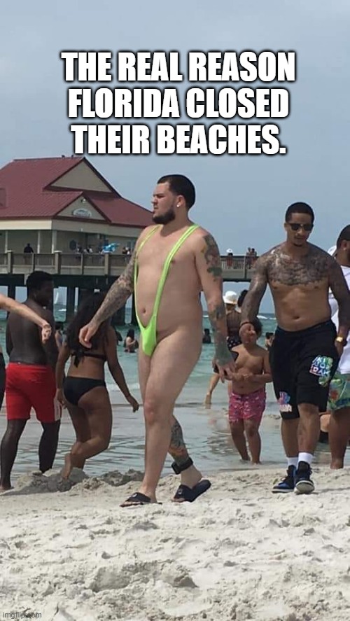 Florida beaches closed | THE REAL REASON FLORIDA CLOSED THEIR BEACHES. | image tagged in florida,gross,ugly,bathing suit,wtf | made w/ Imgflip meme maker