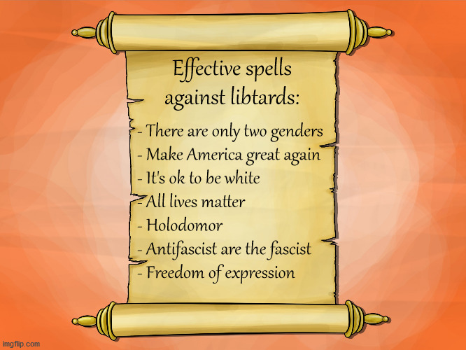 This spells are very effective agains't libtard threat | Effective spells against libtards:; - There are only two genders
- Make America great again
- It's ok to be white
- All lives matter
- Holodomor
- Antifascist are the fascist
- Freedom of expression | image tagged in scroll,politics,memes,libtard,freedom of speech | made w/ Imgflip meme maker