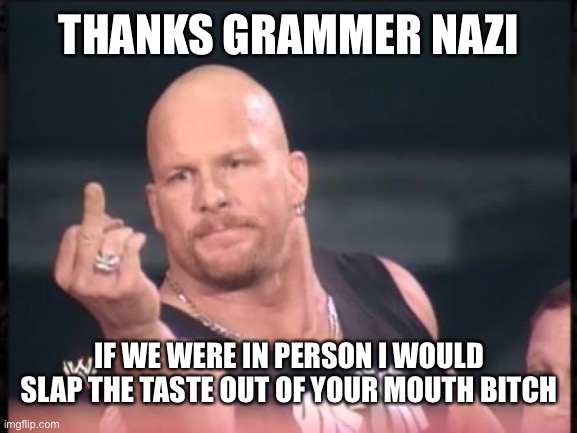 Stone Cold Finger | THANKS GRAMMER NAZI IF WE WERE IN PERSON I WOULD SLAP THE TASTE OUT OF YOUR MOUTH BITCH | image tagged in stone cold finger | made w/ Imgflip meme maker