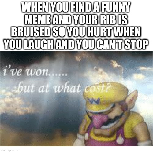 Wario | WHEN YOU FIND A FUNNY MEME AND YOUR RIB IS BRUISED SO YOU HURT WHEN YOU LAUGH AND YOU CAN’T STOP | image tagged in wario | made w/ Imgflip meme maker