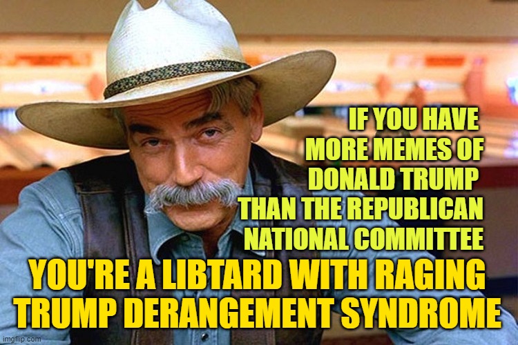 TDS is a mental illness, there is no cure | IF YOU HAVE 
MORE MEMES OF DONALD TRUMP 
THAN THE REPUBLICAN
NATIONAL COMMITTEE; YOU'RE A LIBTARD WITH RAGING
TRUMP DERANGEMENT SYNDROME | image tagged in sam elliott,trump,election 2020,biden | made w/ Imgflip meme maker