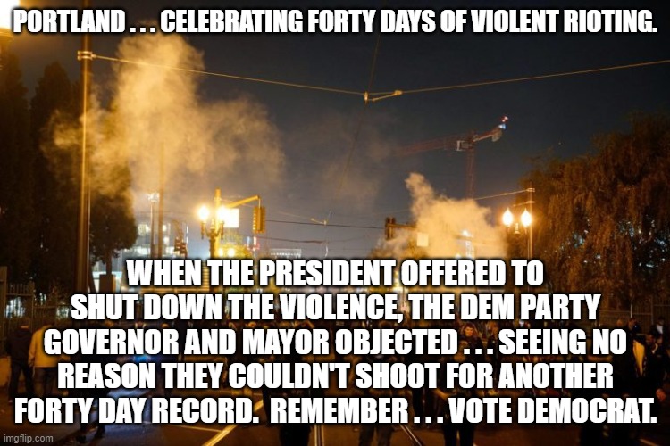 portland riot | PORTLAND . . . CELEBRATING FORTY DAYS OF VIOLENT RIOTING. WHEN THE PRESIDENT OFFERED TO SHUT DOWN THE VIOLENCE, THE DEM PARTY GOVERNOR AND MAYOR OBJECTED . . . SEEING NO REASON THEY COULDN'T SHOOT FOR ANOTHER FORTY DAY RECORD.  REMEMBER . . . VOTE DEMOCRAT. | image tagged in portland riot | made w/ Imgflip meme maker