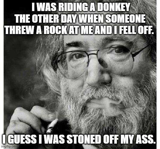 Grateful Jerry | I WAS RIDING A DONKEY THE OTHER DAY WHEN SOMEONE THREW A ROCK AT ME AND I FELL OFF. I GUESS I WAS STONED OFF MY ASS. | image tagged in jerry garcia,grateful dead | made w/ Imgflip meme maker