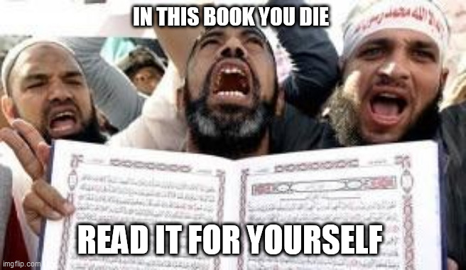 Koranderthal | IN THIS BOOK YOU DIE; READ IT FOR YOURSELF | image tagged in koranderthal | made w/ Imgflip meme maker