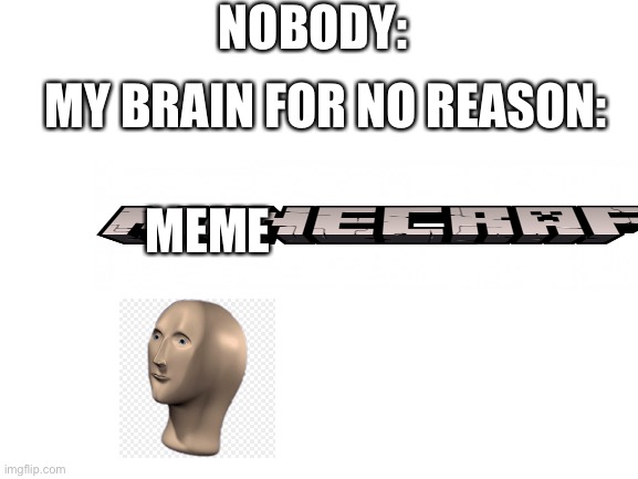 Hmm | NOBODY:; MY BRAIN FOR NO REASON:; MEME | image tagged in blank white template | made w/ Imgflip meme maker
