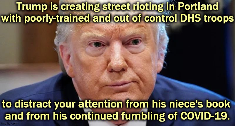The worst president ever. | Trump is creating street rioting in Portland
with poorly-trained and out of control DHS troops; to distract your attention from his niece's book 
and from his continued fumbling of COVID-19. | image tagged in trump,incompetence,street,riots,distraction | made w/ Imgflip meme maker
