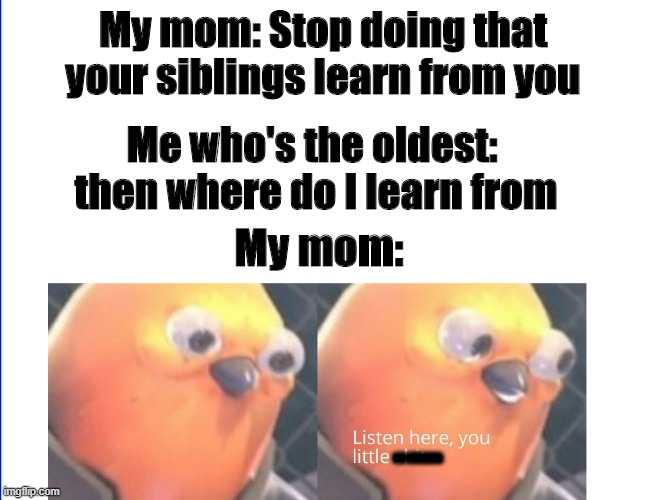 The oldest child go brrr |  My mom: Stop doing that your siblings learn from you; Me who's the oldest:  then where do I learn from; My mom:; NO CUSSING | image tagged in listen here you little shit | made w/ Imgflip meme maker