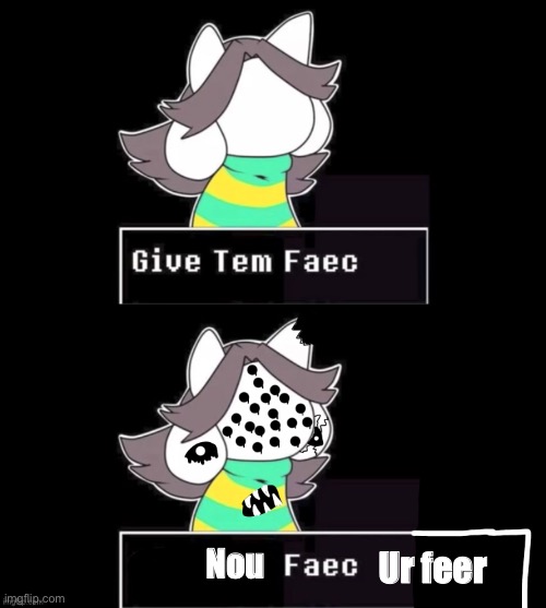 Now F_A_C_E your fear | Nou; Ur feer | image tagged in give temmie a face,memes,funny,creepy,temmie,undertale | made w/ Imgflip meme maker