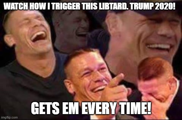 TRUMP 2020 | WATCH HOW I TRIGGER THIS LIBTARD. TRUMP 2020! GETS EM EVERY TIME! | image tagged in john cena laughing | made w/ Imgflip meme maker