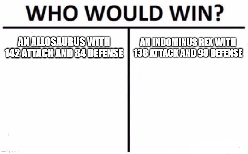 Jurassic world evo, Allosaurus and Indominus rex | AN ALLOSAURUS WITH 142 ATTACK AND 84 DEFENSE; AN INDOMINUS REX WITH 138 ATTACK AND 98 DEFENSE | image tagged in memes,who would win,jurassic world evolution | made w/ Imgflip meme maker