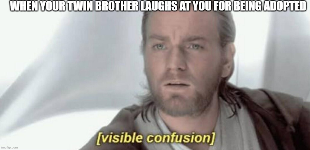 Visible Confusion | WHEN YOUR TWIN BROTHER LAUGHS AT YOU FOR BEING ADOPTED | image tagged in visible confusion | made w/ Imgflip meme maker