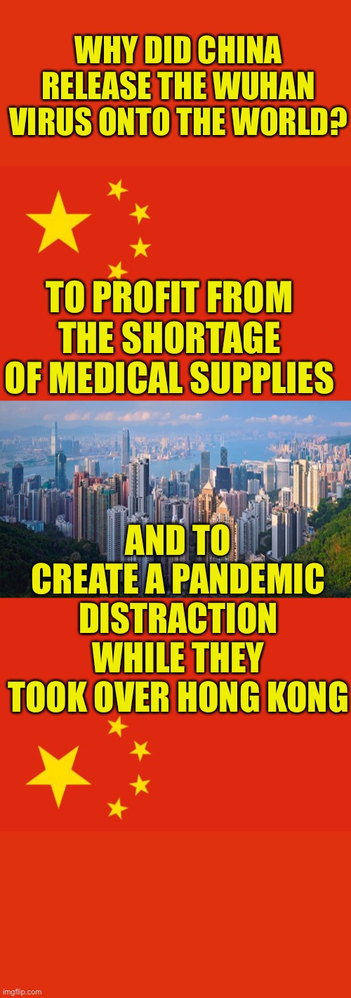 Makes As Much Sense As Anything Else | WHY DID CHINA RELEASE THE WUHAN VIRUS ONTO THE WORLD? TO PROFIT FROM THE SHORTAGE OF MEDICAL SUPPLIES; AND TO CREATE A PANDEMIC DISTRACTION WHILE THEY TOOK OVER HONG KONG | image tagged in china flag,communist evil doers,karma will take care of china | made w/ Imgflip meme maker