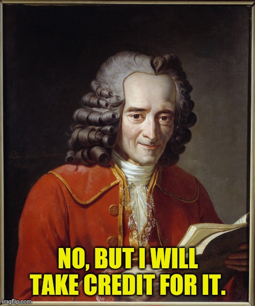 Voltaire Thinking | NO, BUT I WILL TAKE CREDIT FOR IT. | image tagged in voltaire thinking | made w/ Imgflip meme maker