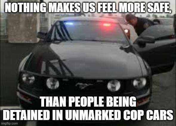 unmarked cop car | NOTHING MAKES US FEEL MORE SAFE, THAN PEOPLE BEING DETAINED IN UNMARKED COP CARS | image tagged in unmarked cop car | made w/ Imgflip meme maker