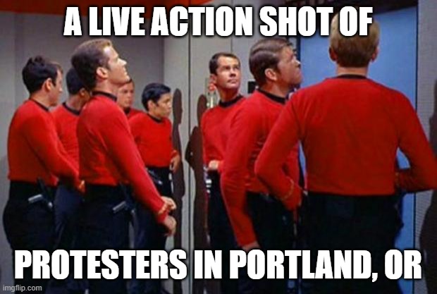 Star Trek Red Shirts | A LIVE ACTION SHOT OF; PROTESTERS IN PORTLAND, OR | image tagged in star trek red shirts | made w/ Imgflip meme maker