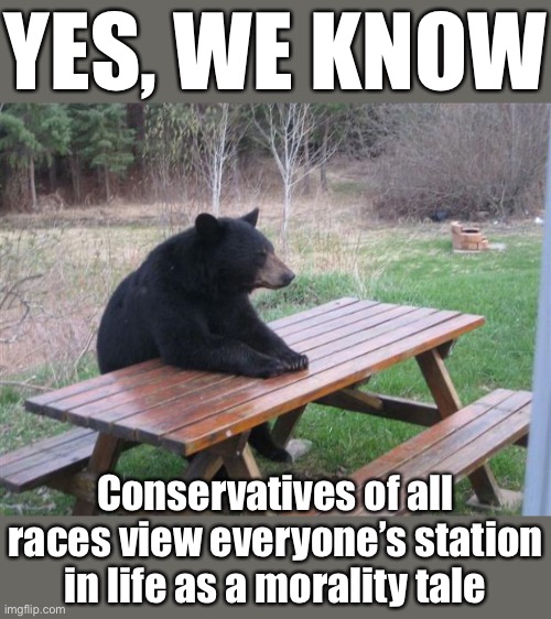 Two things guaranteed to unite conservatives: Disdain for poor people and belief that liberals are morons for trying to help. | YES, WE KNOW; Conservatives of all races view everyone’s station in life as a morality tale | image tagged in picnic bear,poor people,conservative logic,conservatives,conservative,trump supporters | made w/ Imgflip meme maker