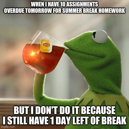 But That's None Of My Business | WHEN I HAVE 10 ASSIGNMENTS OVERDUE TOMORROW FOR SUMMER BREAK HOMEWORK; BUT I DON'T DO IT BECAUSE I STILL HAVE 1 DAY LEFT OF BREAK | image tagged in memes,but that's none of my business,kermit the frog | made w/ Imgflip meme maker