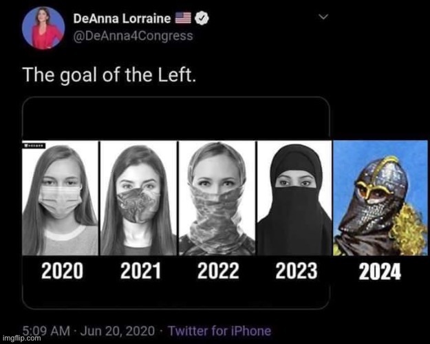 the final goal of they left is badass warier crusader chika must be stoped maga | image tagged in islamophobia,anti-islamophobia,maga,sarcasm,face mask,conservative logic | made w/ Imgflip meme maker