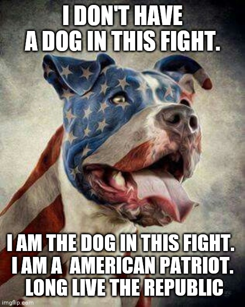 I DON'T HAVE A DOG IN THIS FIGHT. I AM THE DOG IN THIS FIGHT. 
I AM A  AMERICAN PATRIOT.
  LONG LIVE THE REPUBLIC | image tagged in patriots | made w/ Imgflip meme maker