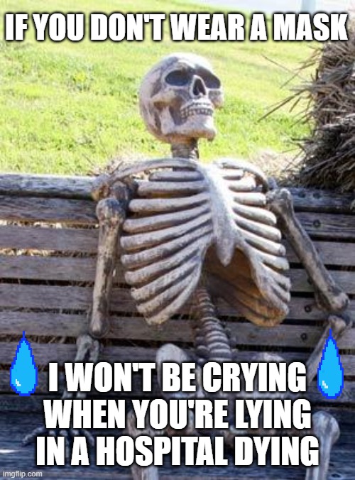 Waiting Skeleton | IF YOU DON'T WEAR A MASK; I WON'T BE CRYING WHEN YOU'RE LYING IN A HOSPITAL DYING | image tagged in memes,waiting skeleton,covidiots,coronavirus meme,coronavirus,covid-19 | made w/ Imgflip meme maker