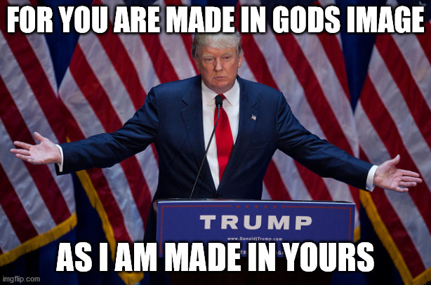 Donald Trump | FOR YOU ARE MADE IN GODS IMAGE; AS I AM MADE IN YOURS | image tagged in donald trump | made w/ Imgflip meme maker