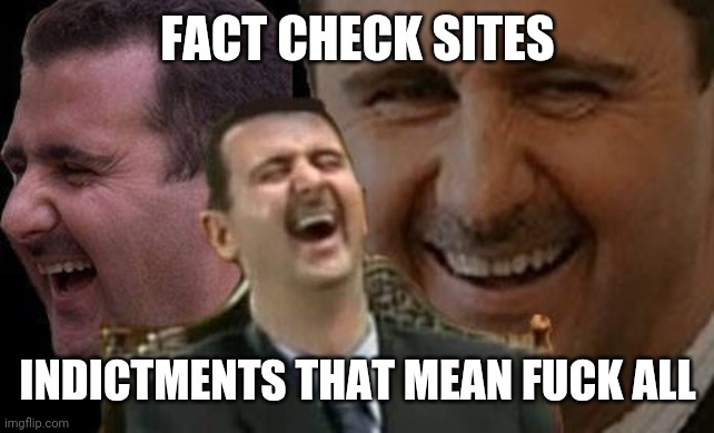 Assad laugh | FACT CHECK SITES INDICTMENTS THAT MEAN FUCK ALL | image tagged in assad laugh | made w/ Imgflip meme maker