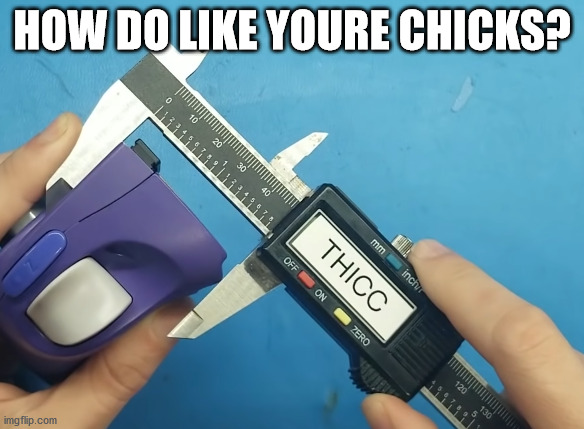 Thicc is Win | HOW DO LIKE YOURE CHICKS? | image tagged in thicc,gamecube,digital measuring slide | made w/ Imgflip meme maker